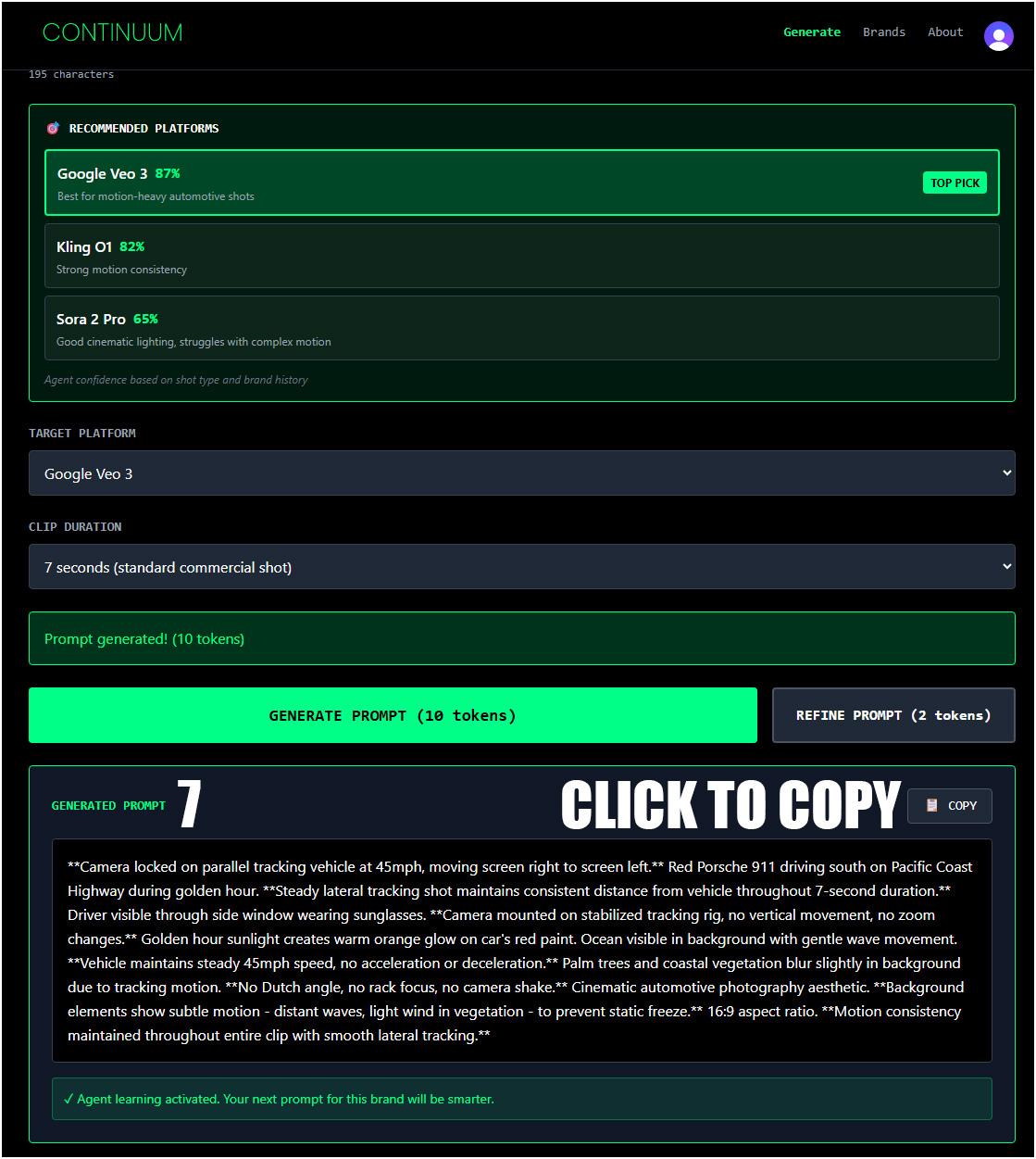 Generated prompt output with Copy button