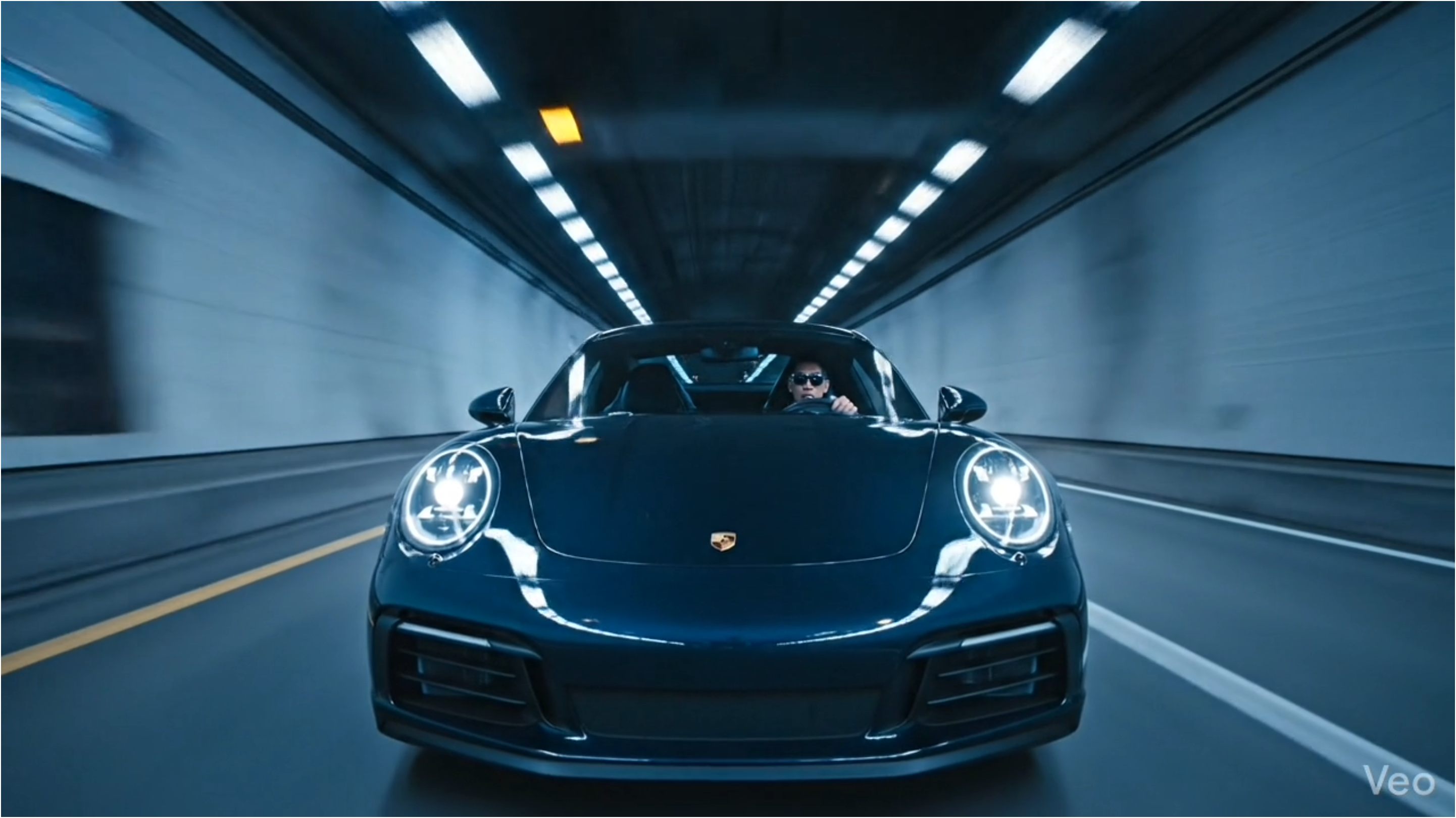 AI-generated Porsche 911 driving through tunnel